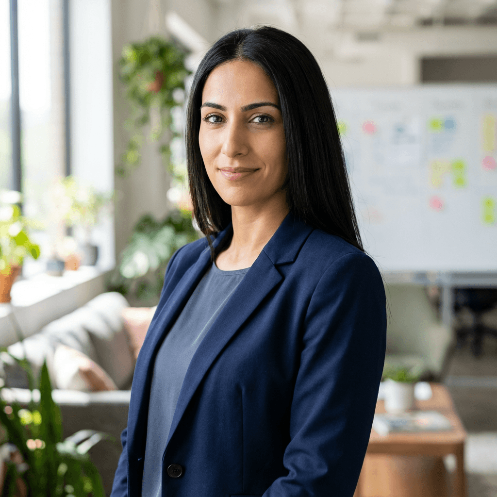 Anouk Bakker, founder of an e-commerce brand, in a bright office