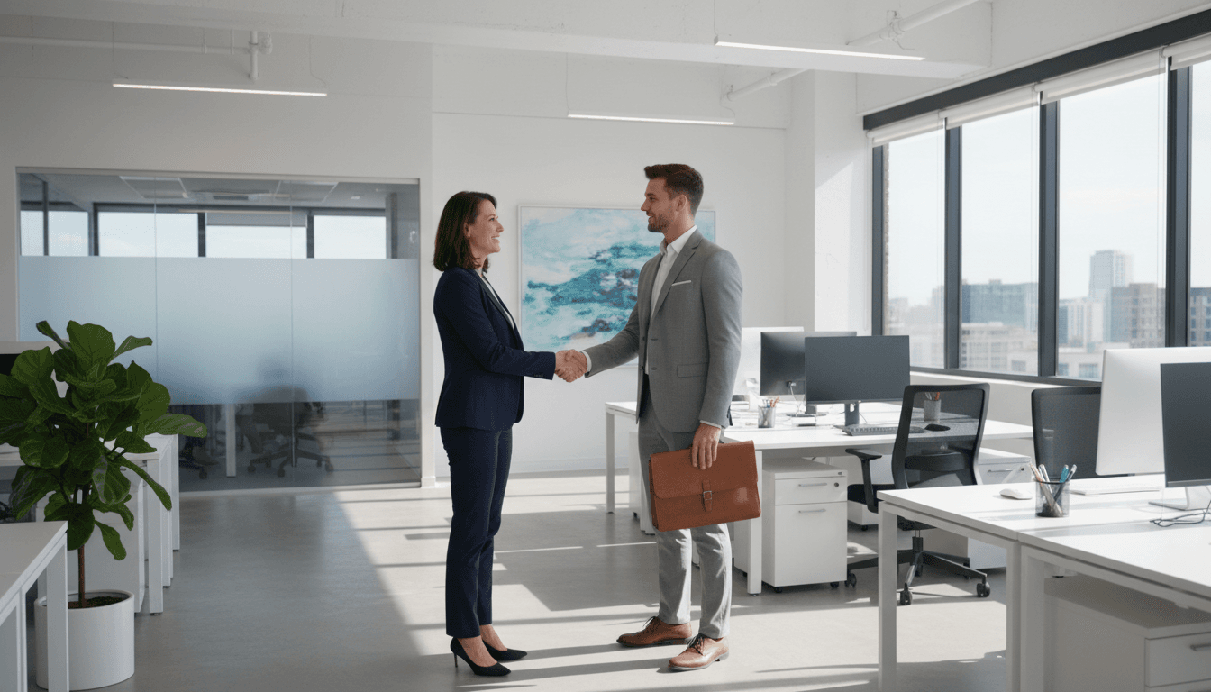 Professional recruiter shaking hands with candidate in modern office