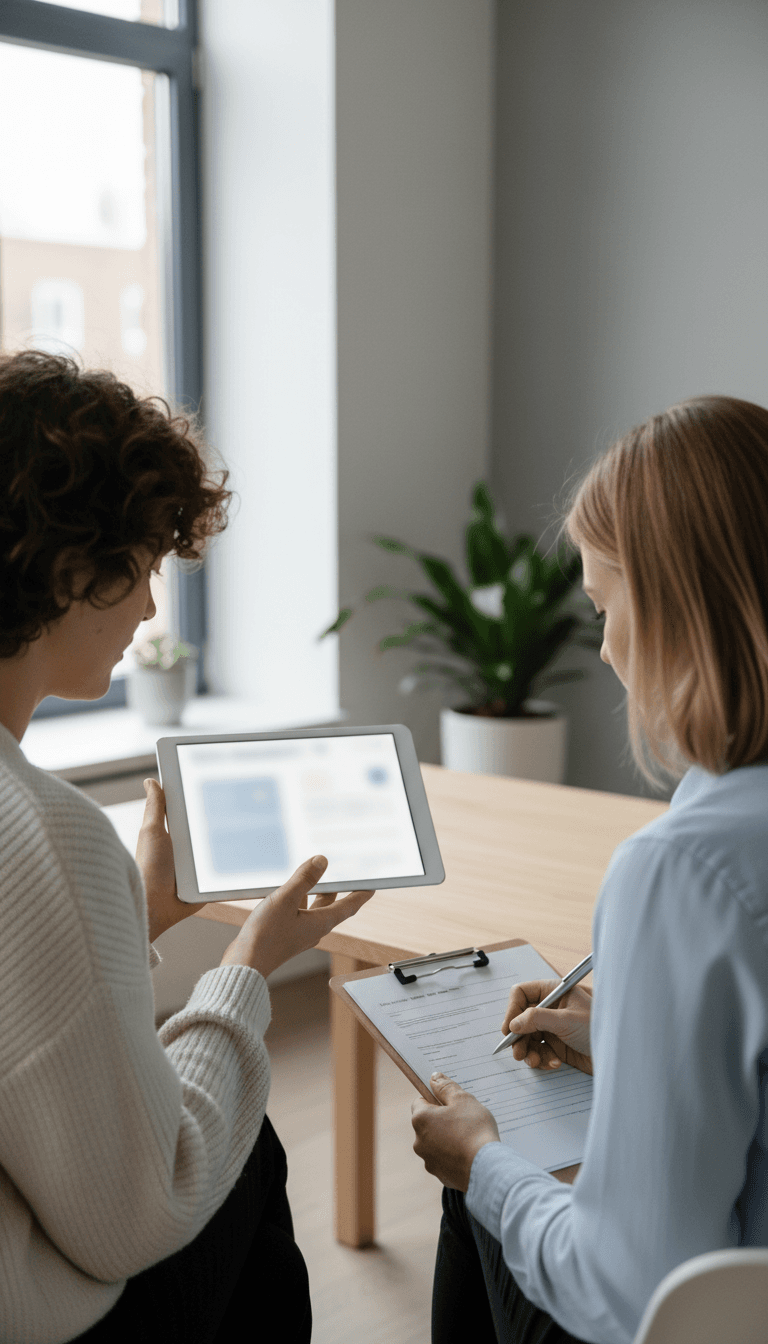 A recruiter and a candidate reviewing details together at a meeting table