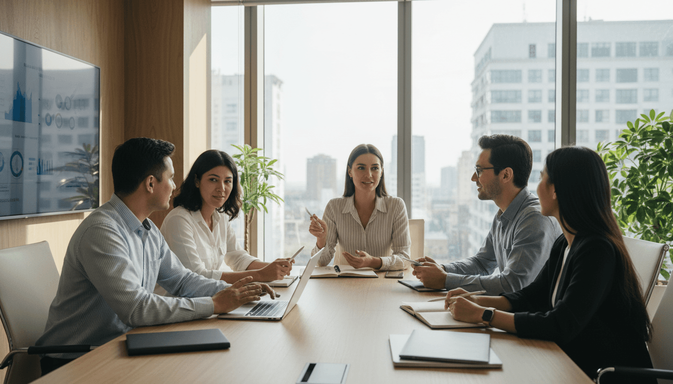 Professional business team in a meeting inside a modern office