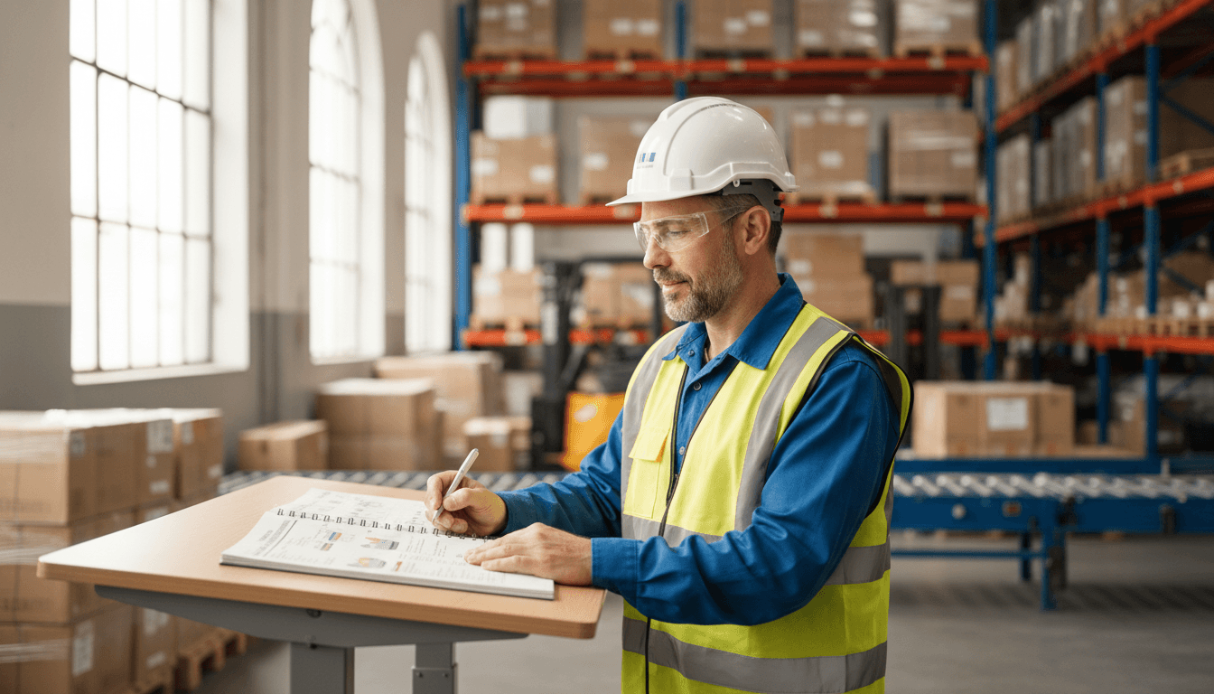 Warehouse supervisor reviewing a work schedule with a temporary worker in an industrial setting