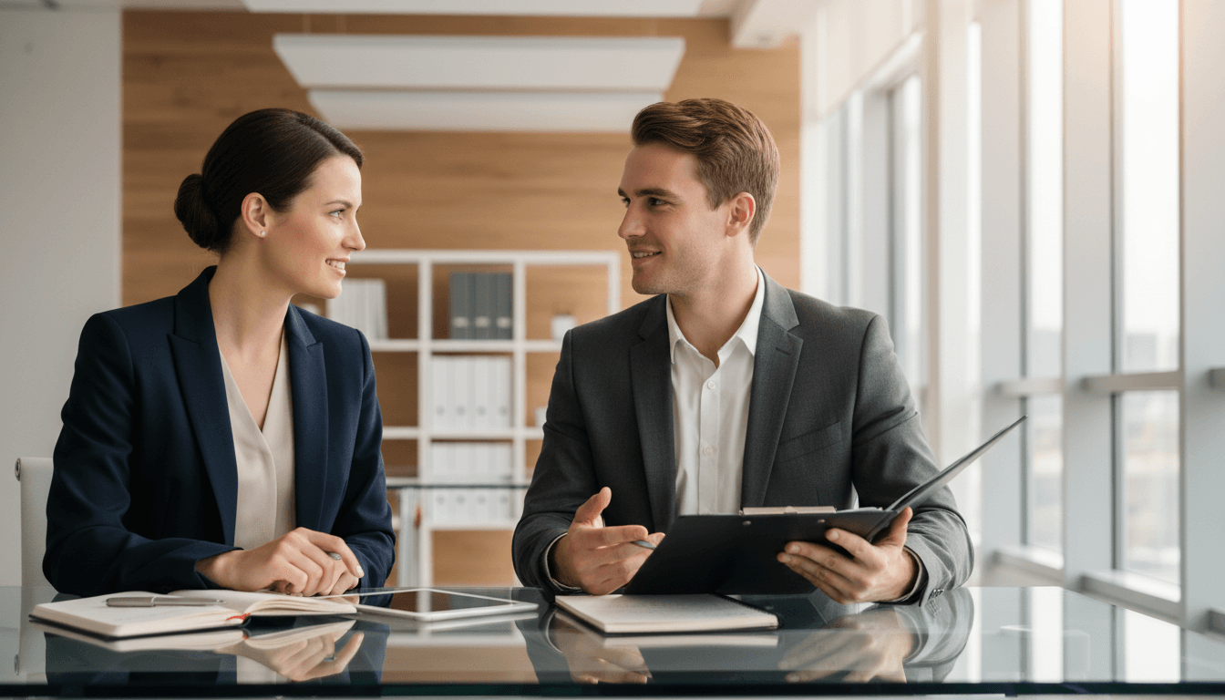 Recruitment consultant talking with a business client in a modern office