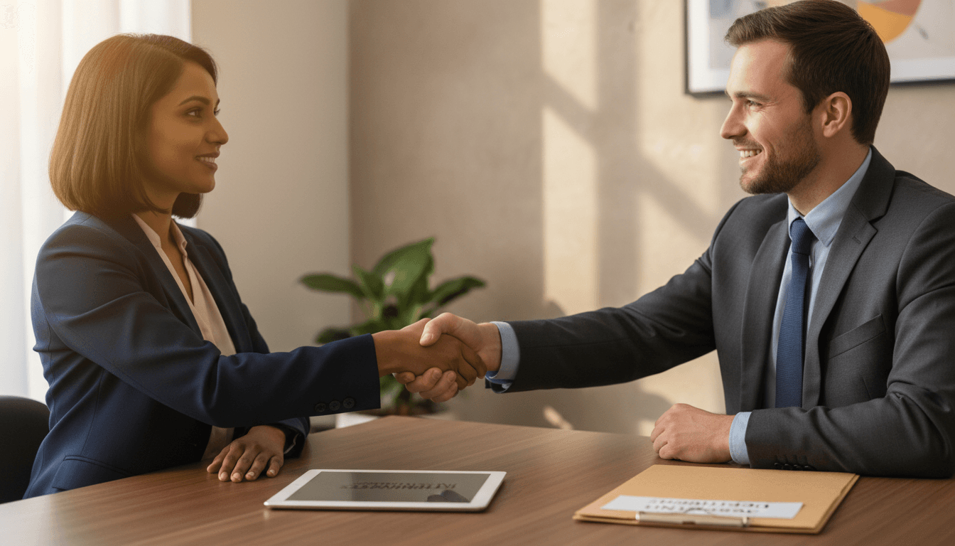 Professional recruiter in a suit shaking hands with a candidate in a bright, modern office